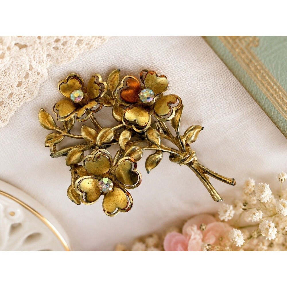 Vintage 1950 Coro Floral Spray Brooch Gold Tone AB Rhinestone Flower Bouquet Pin